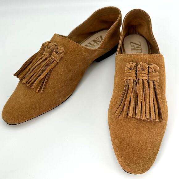 ZARA Suede Leather Tan Tassels Loafer Flats EU 38 - Picture 3 of 9